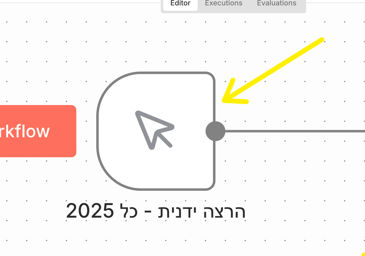 נוד הטריגר הידני בקנבס של n8n, מסומן בשם הרצה ידנית - כל 2025